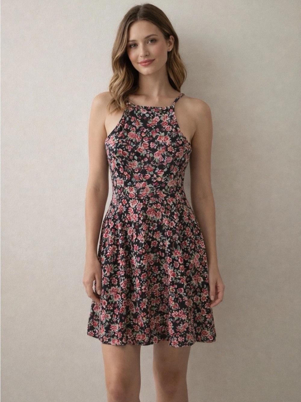 Aqua Black Mini Halter A-Line Dress with Pink Floral Print Summer Vacation EUC